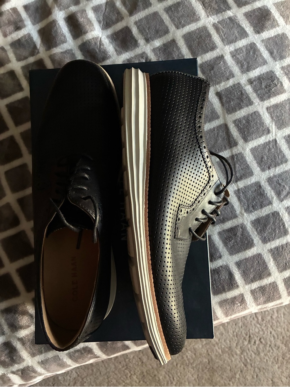 Cole Haan Black Perforated Leather Oxfords with White Sole
